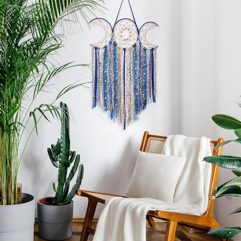 ANROYE Blue Triple Moon Goddess Macrame Wall Hanging, Boho Wiccan Crescent Dream Catcher, Bohemian Dreamcatcher Art for Women, Hippie Woven Pagan Tapestry Decor for Bedroom Decoration - Image 5